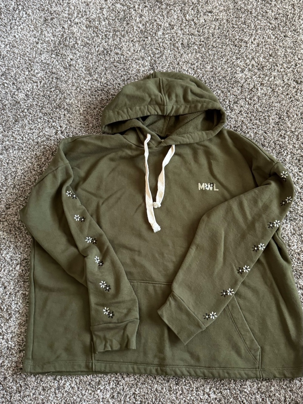 Madewell Olive Green Hooded Pullover Sweatshirt with embroidered flowers